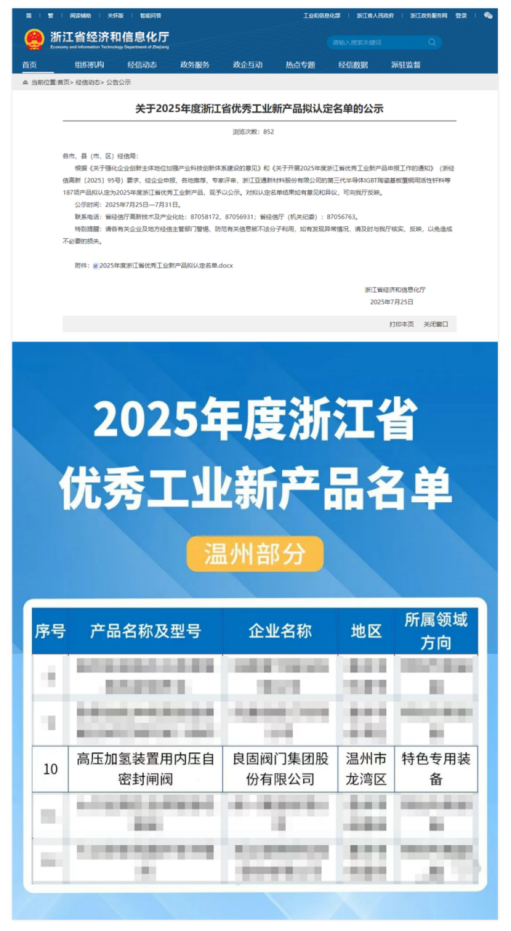 喜讯｜我会副会长单位良固阀门集团股份有限公司产品入选2025年度浙江省优秀工业新产品认定名单